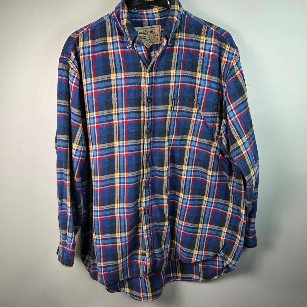 Vintage Abercrombie Flannel Shirt Mens Large Blue‎ Plaid Big Shirts Cotton L